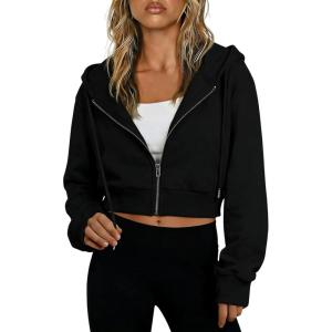 Hooever Womens Cute Workout Cropped Zip Up Drawstring Hoodie Sweatshirt Jacket(Black)