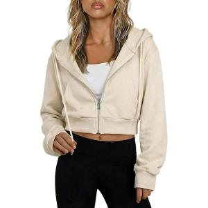 Hooever Womens Cute Workout Cropped Zip Up Drawstring Hoodie Sweatshirt Jacket(Khaki)