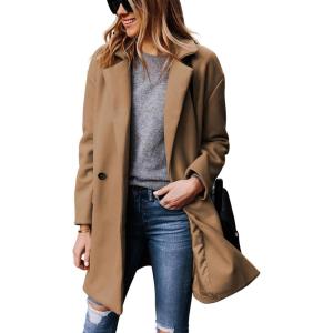 Hooever Women’s Notched Lapel Wool Coat Single Breasted Pea Coats Winter Wool Blend Blazer Jacket(Khaki)