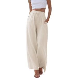 Hooever Women’s Wide Leg Cotton Linen Pants High Waist Adjustable Tie Knot Lounge Trousers(Apricot)