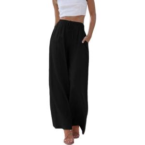 Hooever Women’s Wide Leg Cotton Linen Pants High Waist Adjustable Tie Knot Lounge Trousers(Black)