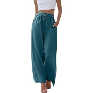 Hooever Women’s Wide Leg Cotton Linen Pants High Waist Adjustable Tie Knot Lounge Trousers(Blue)