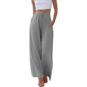 Hooever Women’s Wide Leg Cotton Linen Pants High Waist Adjustable Tie Knot Lounge Trousers(Grey)