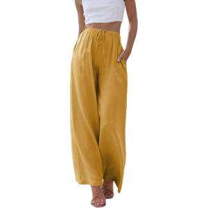 Hooever Women’s Wide Leg Cotton Linen Pants High Waist Adjustable Tie Knot Lounge Trousers(Yellow)