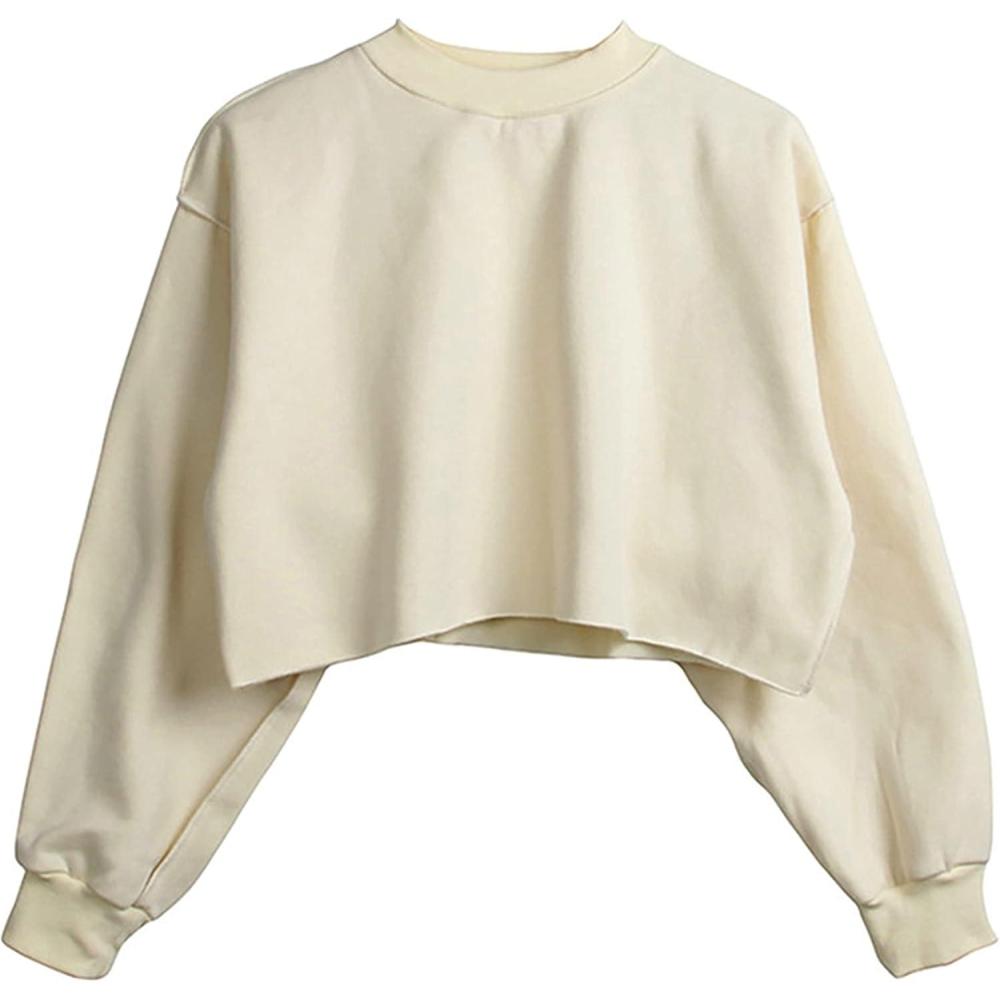 imageHooever Womens Pullover Cropped Sweatshirt Crewneck Long sleeve Fleece Basic TopsApricotM